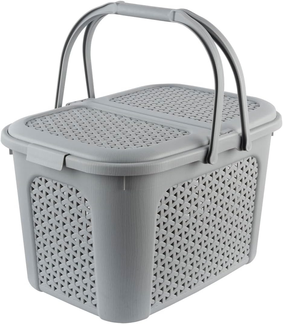 keeeper Picknick-Korb mit Deckel, Rattanoptik, Für Picknick, Camping und mehr, 35 x 46 x 28,5 cm, In