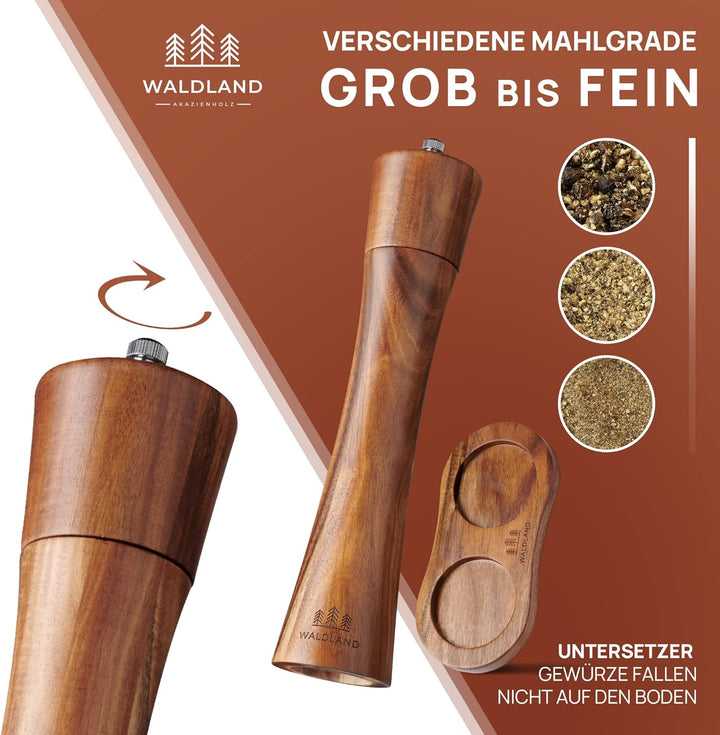 WALDLAND® Salz und Pfeffermühle aus Holz mit Untersetzer Gross (21 cm) | Gewürzmühlen mit hochleistu