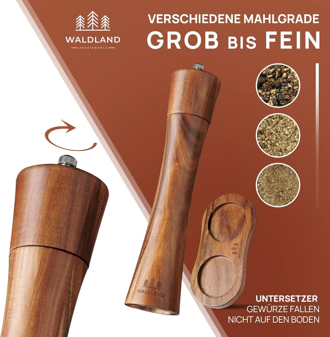WALDLAND® Salz und Pfeffermühle aus Holz mit Untersetzer sehr Gross (25,5 cm) | Gewürzmühlen mit hoc