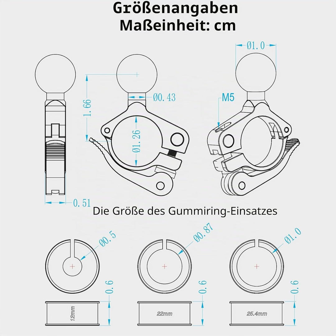 BRCOVAN Lenkerklemmhalterung aus Aluminiumlegierung mit 1 Zoll TPU-Kugel für Schienendurchmesser 0,5