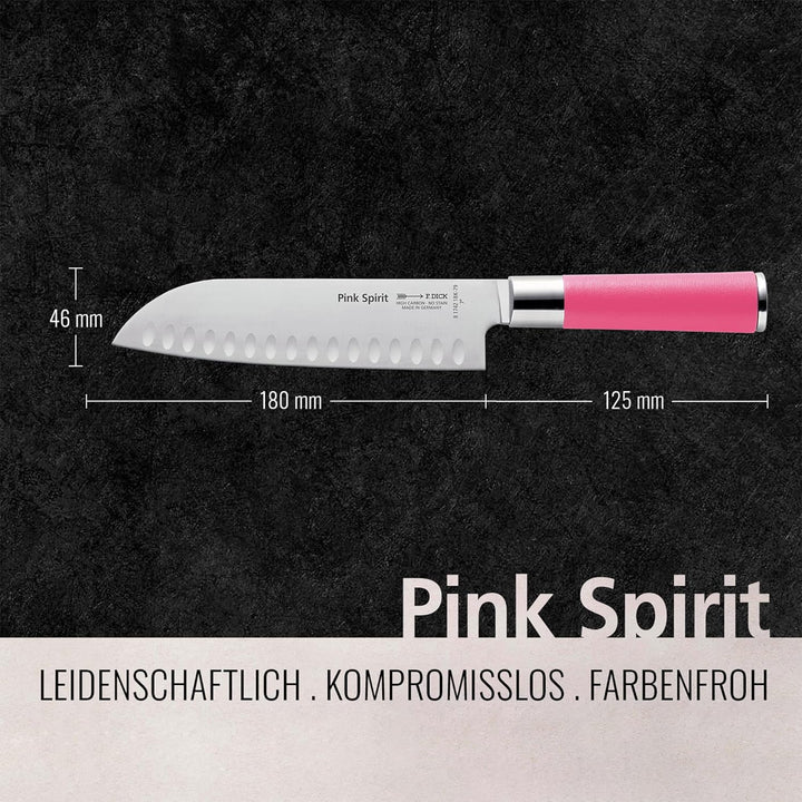F. DICK Pink Spirit Santoku Messer (Klingenlänge 18 cm, Küchenmesser mit Kullenschliff, aus hochlegi