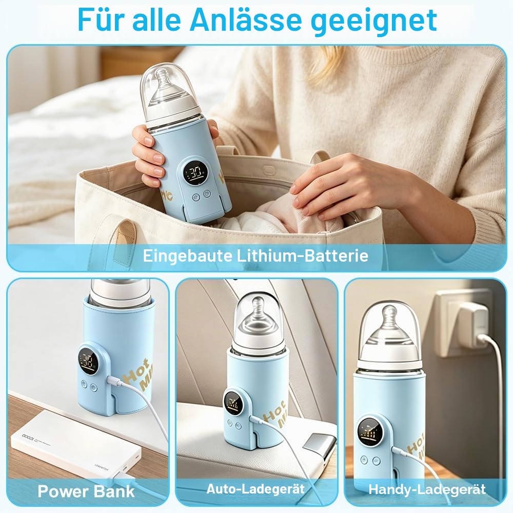 Flaschenwärmer Baby Unterwegs, Tragbarer Baby Flaschenwärmer mit LCD-Display 8000mAh Milchwärmer Bab