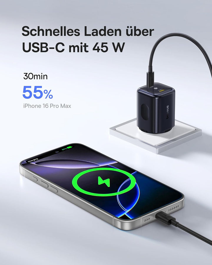 Baseus PicoGo II 45W USB C Ladegerät, 2-Port USB C Netzteil PD 3.0 PPS Schnellladegerät Kompatibel m