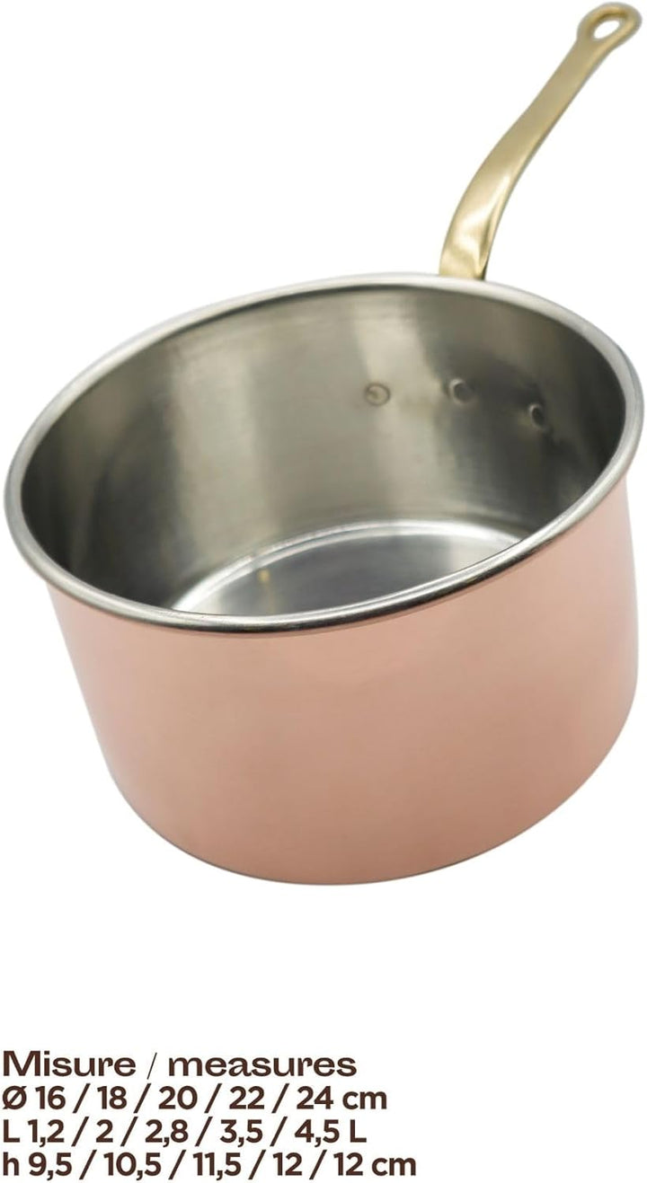 CREARTISTIC 100% Made in Italy Topf aus verzinntem Kupfer mit Messinggriff – 18 x 10.5 cm 2L – Topf