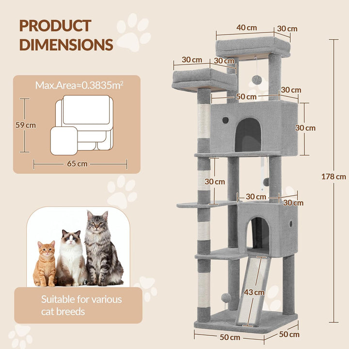 Kratzbaum 178 cm, Katzenbaum Gross, Kratzbaum Grosse Katzen Stabil mit Kratzsäulen, Kratzbrett, 2 Be