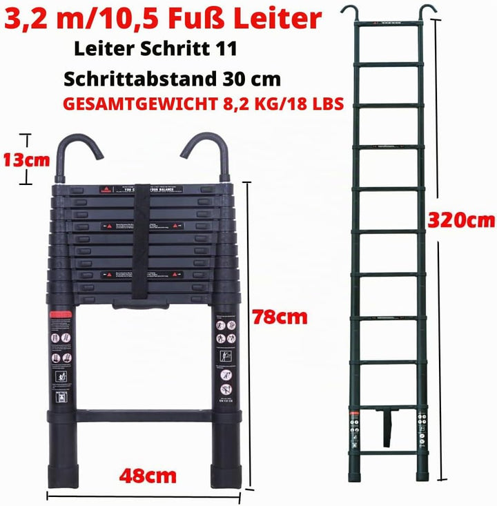 3,2M Teleskopleiter mit Haken, Aluminium Ausziehleiter Hohe Mehrzweckleiter, 150 kg/330 Pfund Belast
