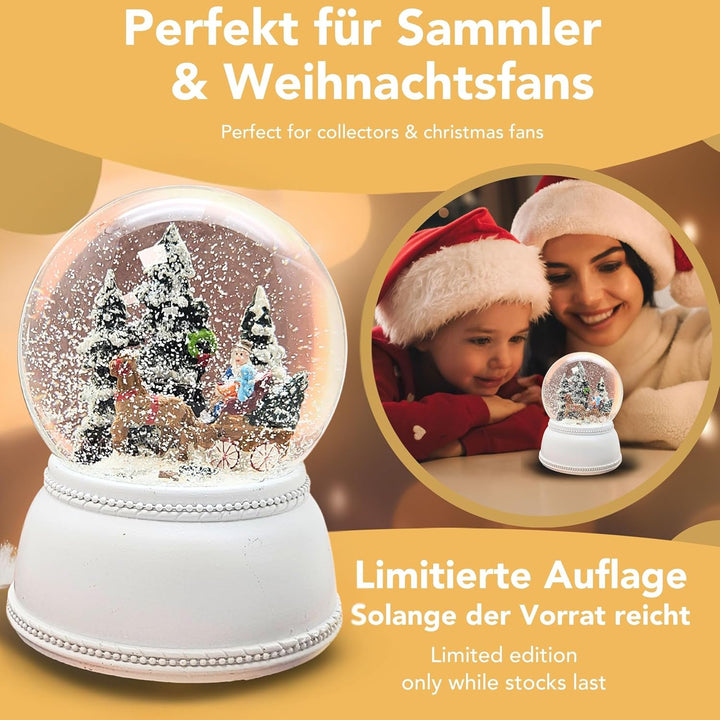 Weihnachts-Schneekugel mit Musik | Schneekugel Kutschfahrt mit Familie | Sockel Nostalgie weiss | 10