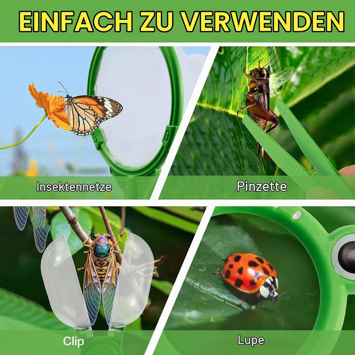 Forscherset für Kinder ab 4, 22 Stück Entdecker Set mit Insektenfänger Kompass Becherlupe Fernglas f