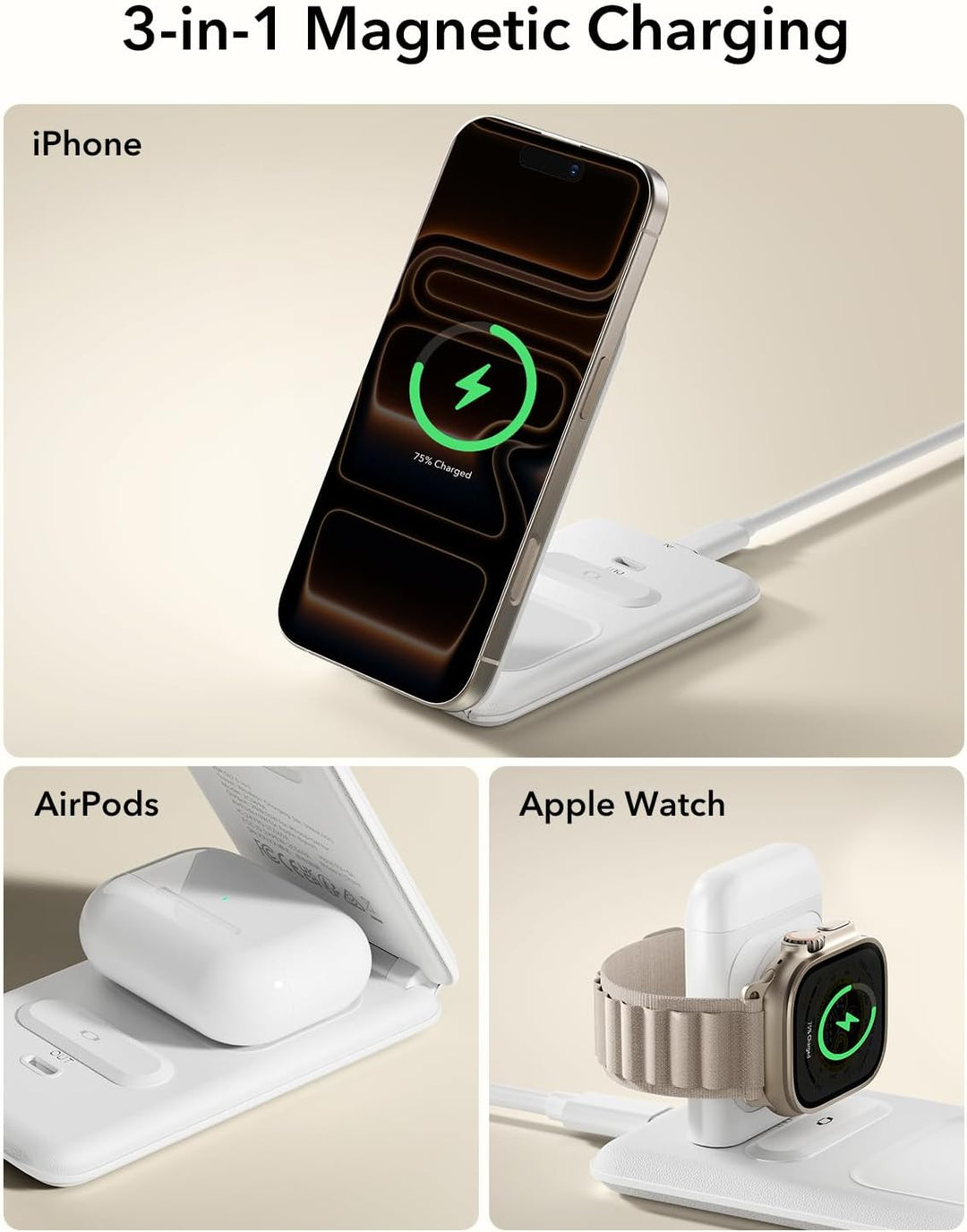 ESR 3 in 1 Ladestation Apple Watch und iPhone, 15W Zertifiziert MagSafe Ladestation mit Apple Watch-