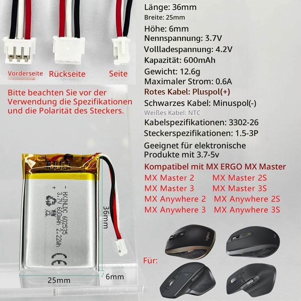 3.7V 600mAh 602535 Batteriewechsel für Logitech MX Master 2 MX Master 2s MX Master 3 MX Master 3s MX