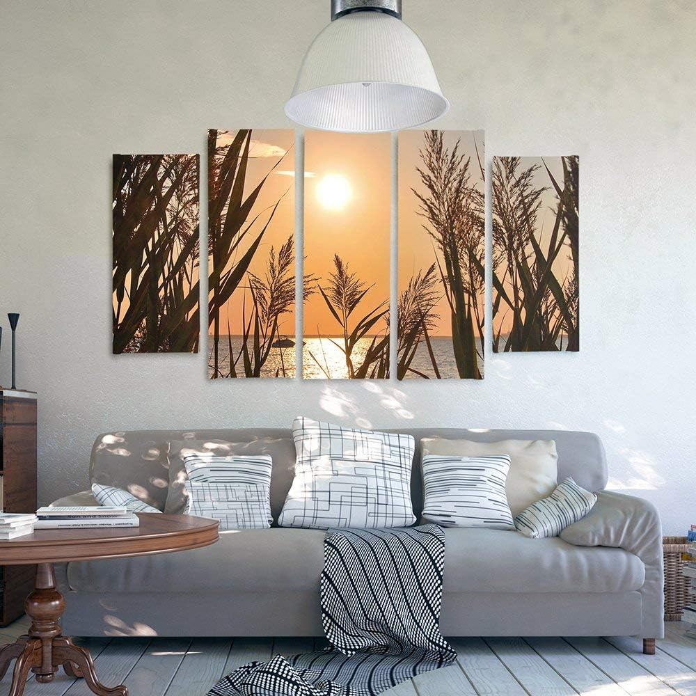 Feeby Frames, Leinwandbild Bilder Wand Bild - 5 Teile - Wandbilder Kunstdruck (SONNENUNTERGANG, GOLD