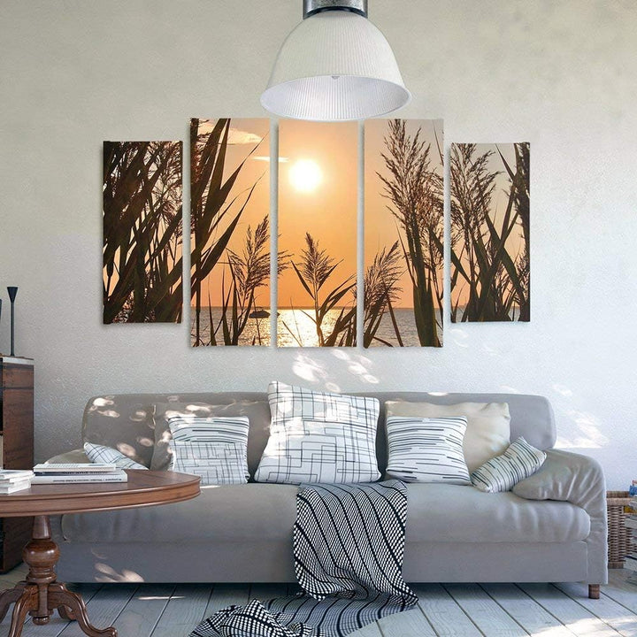 Feeby Frames, Leinwandbild Bilder Wand Bild - 5 Teile - Wandbilder Kunstdruck (SONNENUNTERGANG, GOLD