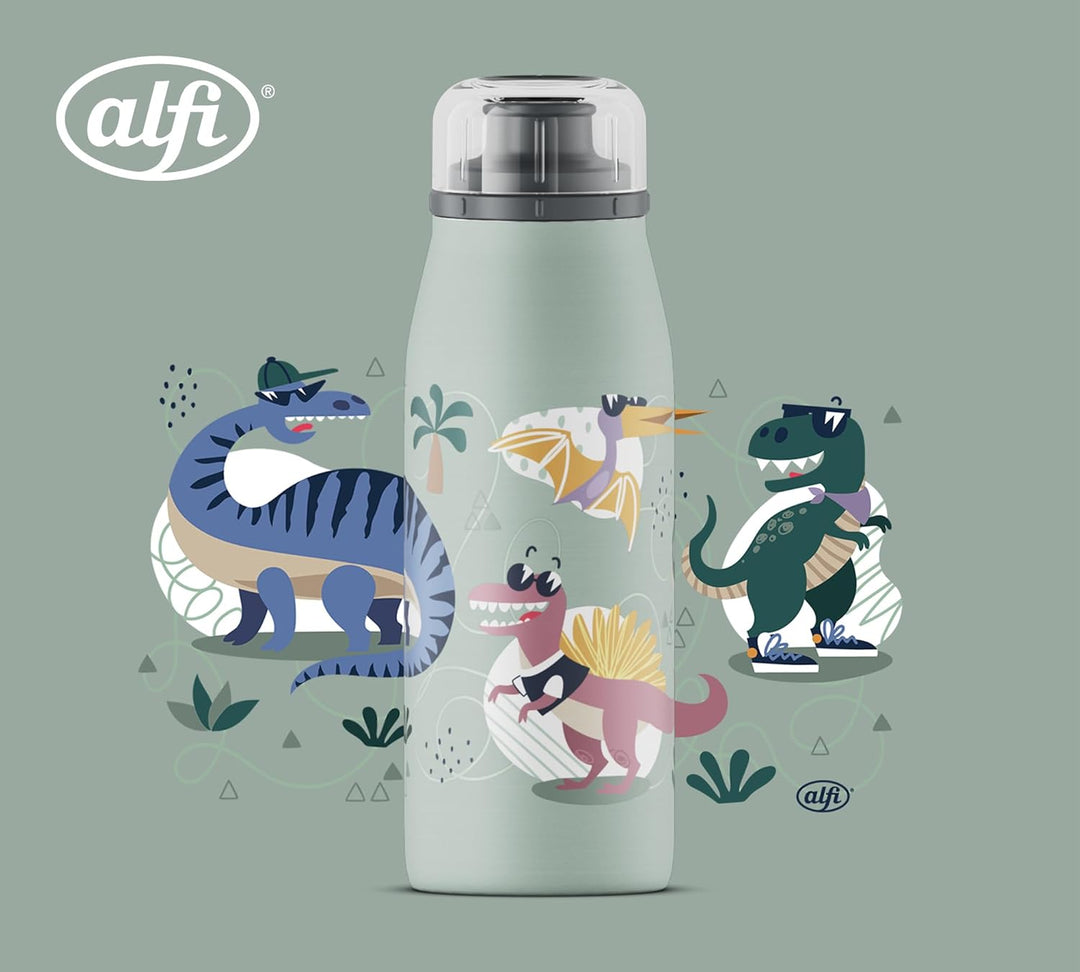 alfi KIDS ISO BOTTLE 350ml, grün mit Dinos, Isoliertrinkflasche Kinder Edelstahl, absolut dichter Dr