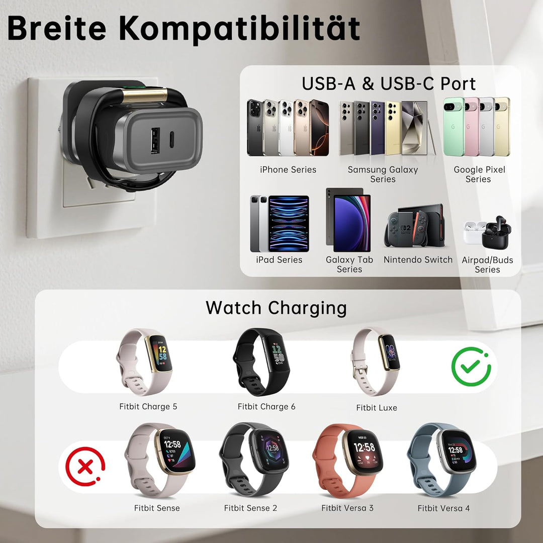 3-in-1-Ladegerät für Fitbit Charge 6/Charge 5/Luxe, PD 25 W USB-C-Schnellladegerät mit Zwei Anschlüs