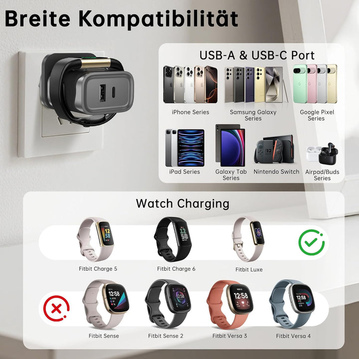 3-in-1-Ladegerät für Fitbit Charge 6/Charge 5/Luxe, PD 25 W USB-C-Schnellladegerät mit Zwei Anschlüs
