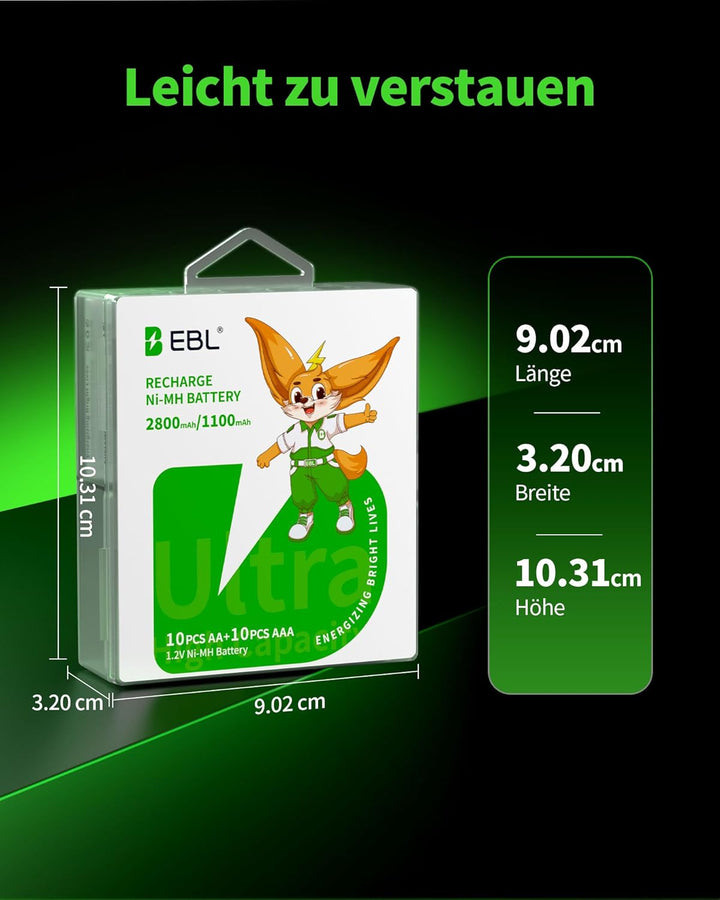 AA Akku AAA Akku 20er Pack: EBL 10x 2800mAh AA + 10x 1100mAh AAA - Wiederaufladbar, Geringe Selbsten