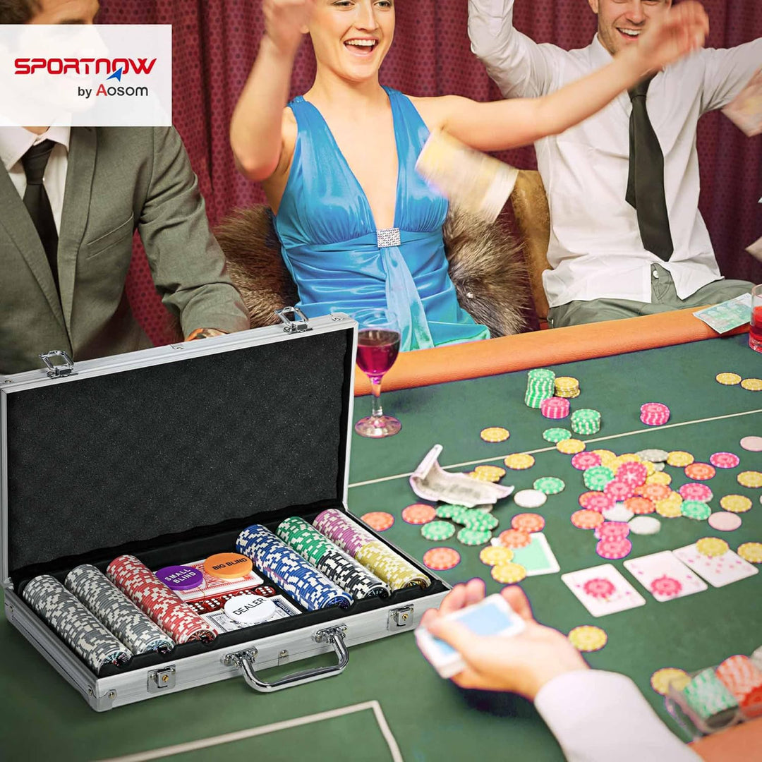 SPORTNOW Pokerkoffer Set, 300 Pokerchips 11,5 Gramm, Pokerset mit Schloss, 2 Pokerdecks, 5 Würfel, 1