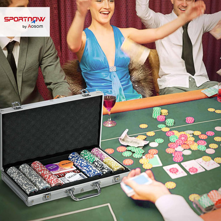 SPORTNOW Pokerkoffer Set, 300 Pokerchips 11,5 Gramm, Pokerset mit Schloss, 2 Pokerdecks, 5 Würfel, 1