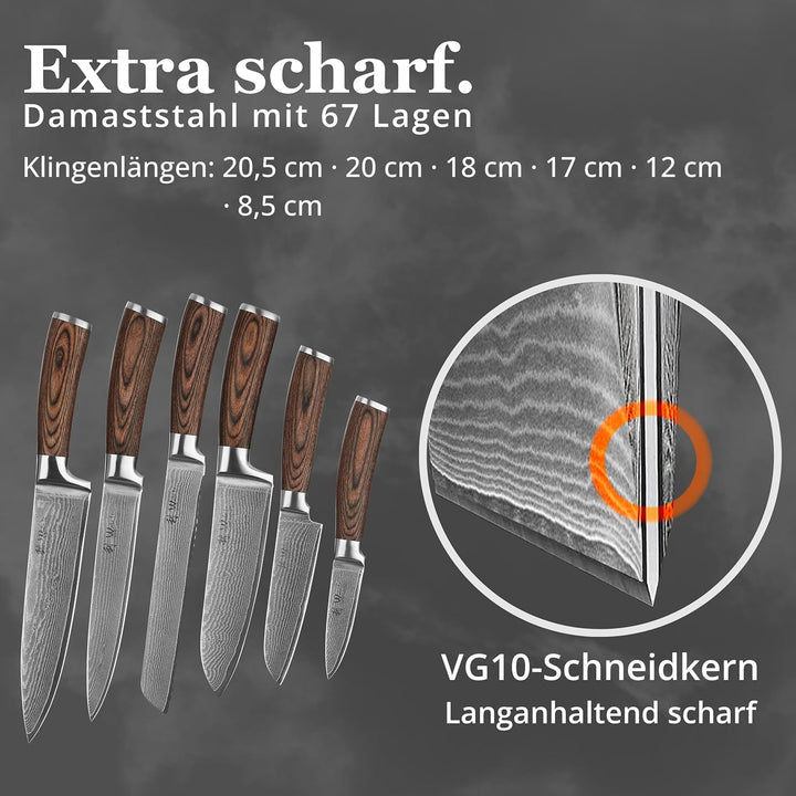 Wakoli Edib 6er Damastmesser-Set, scharfe 8 bis 20,5 cm Klingen Premium Küchenmesserset aus 67 Lagen