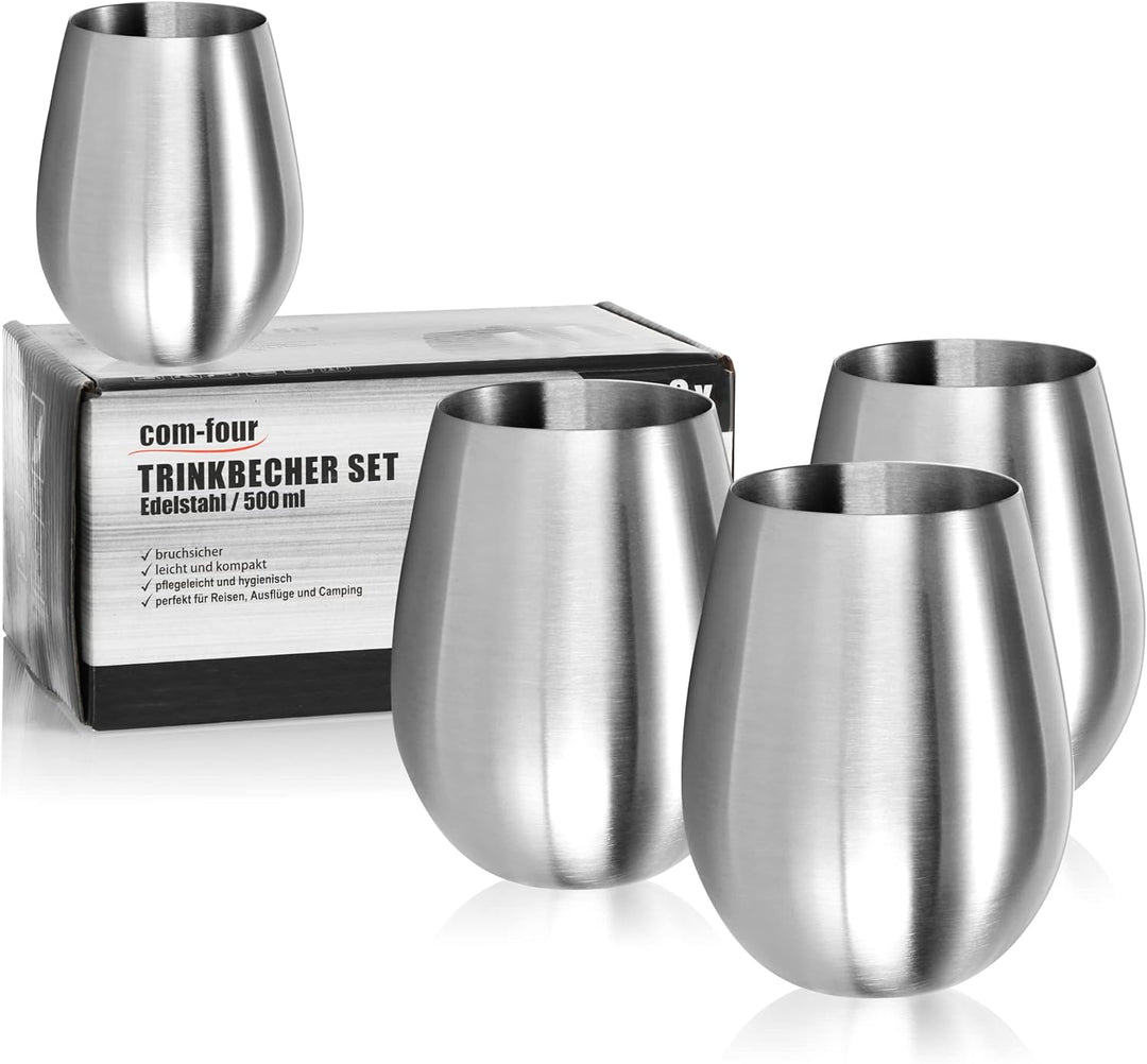 COM-FOUR® 4x Weinglas aus Edelstahl - Weinbecher 500 ml für Reisen - Edelstahl-Becher To Go - Stiell