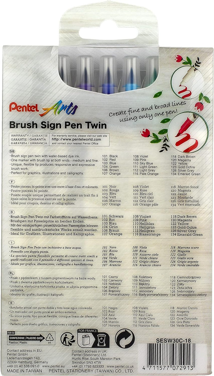 Pentel SESW30C-18 Brush Sign Pen Twin, 18-Farben-Set, Fasermaler mit zwei flexiblen Schreibspitzen,
