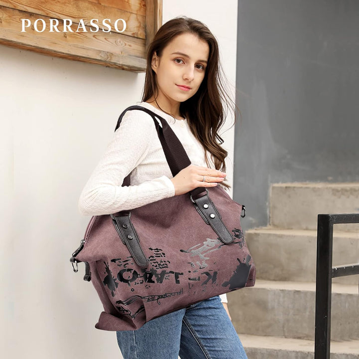 PORRASSO Casual Schultertasche Damen Umhängetasche Grosse Handtasche Frauen Segeltuch Henkeltasche H