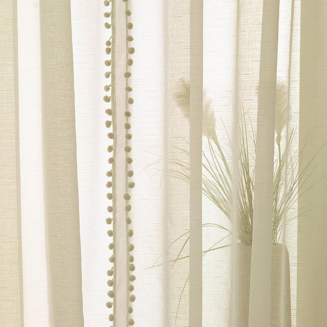 Treatmentex Boho Gardinen mit Pompons Gardinen Ösen 140 cm Breite Transparent Gardinen mit Quasten G