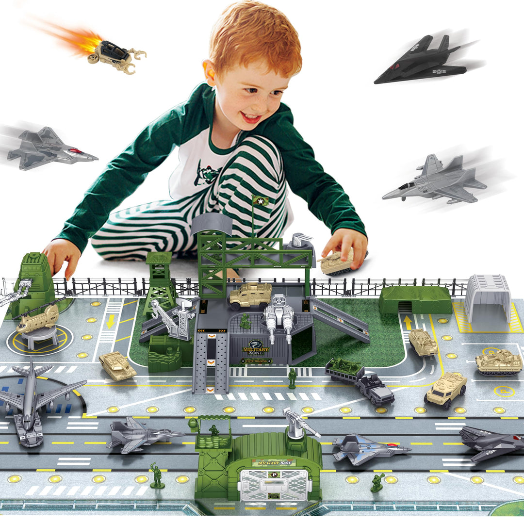 Militär Panzer LKW Spielzeug mit 13 Fahrzeugen, Hubschrauber Kampfjet Spielmatte Soldaten Figuren, G