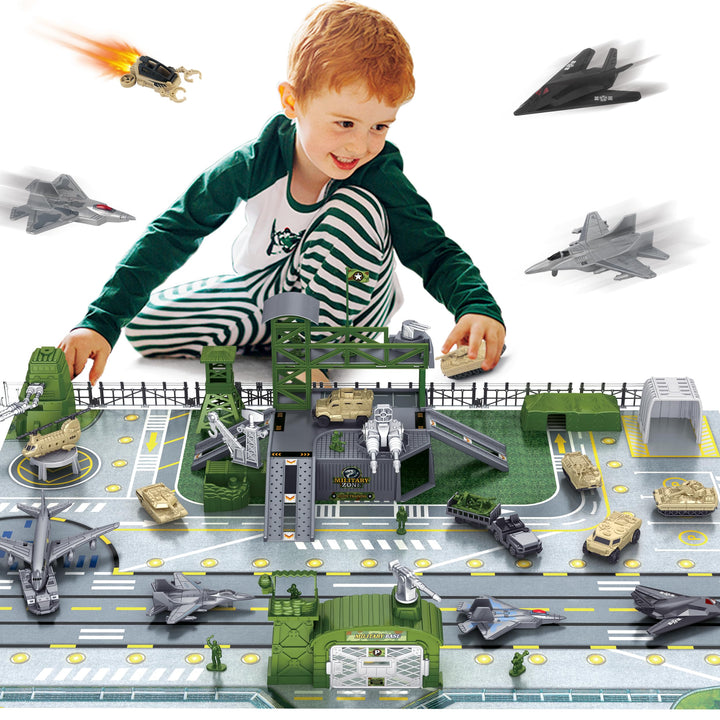 Militär Panzer LKW Spielzeug mit 13 Fahrzeugen, Hubschrauber Kampfjet Spielmatte Soldaten Figuren, G