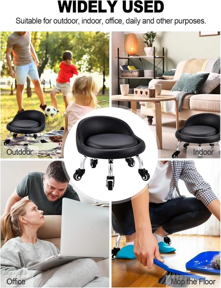 EBANKU Kleine Niedrig Rollhocker, Rollhocker Drehhocker Arbeitshocker, Rückenlehne 360° Rollhocker N