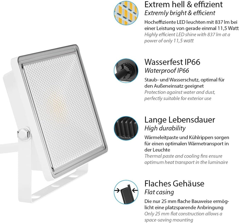 ledscom.de LED Gartenstrahler FLIN, wetterfest, IP66, Stecker, 11,5 W, 837lm, warmweiss, 10 Stk.