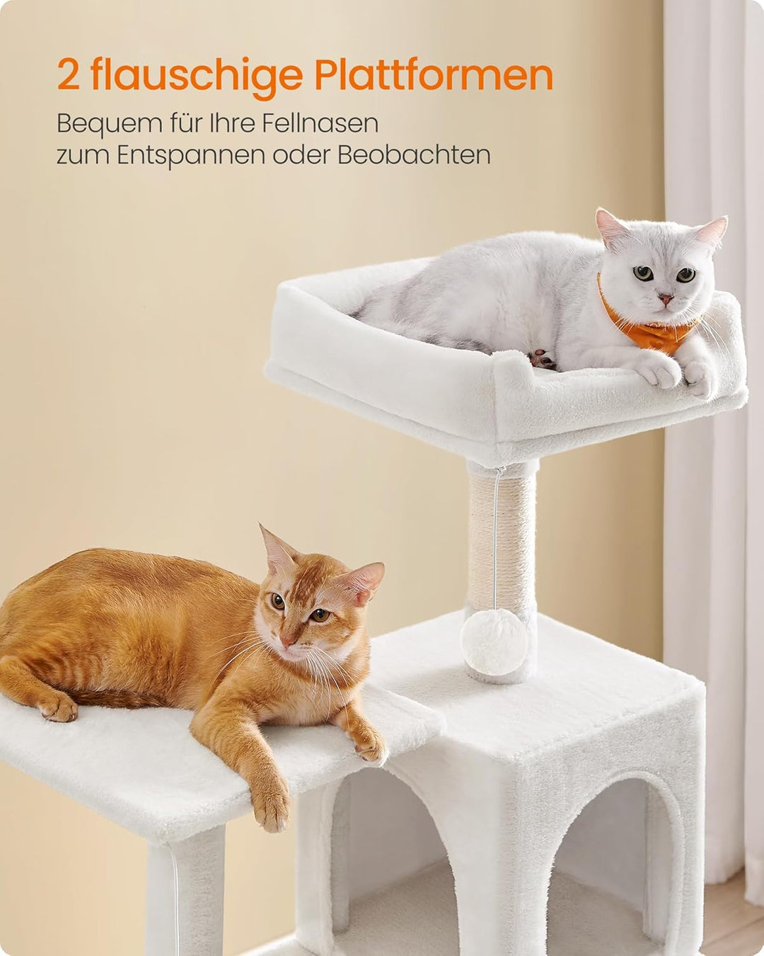 Feandrea Kratzbaum, 143 cm hoch, Katzenbaum, mehrstöckiges Katzenhaus, mit 4 Kratzsäulen, 2 Plattfor