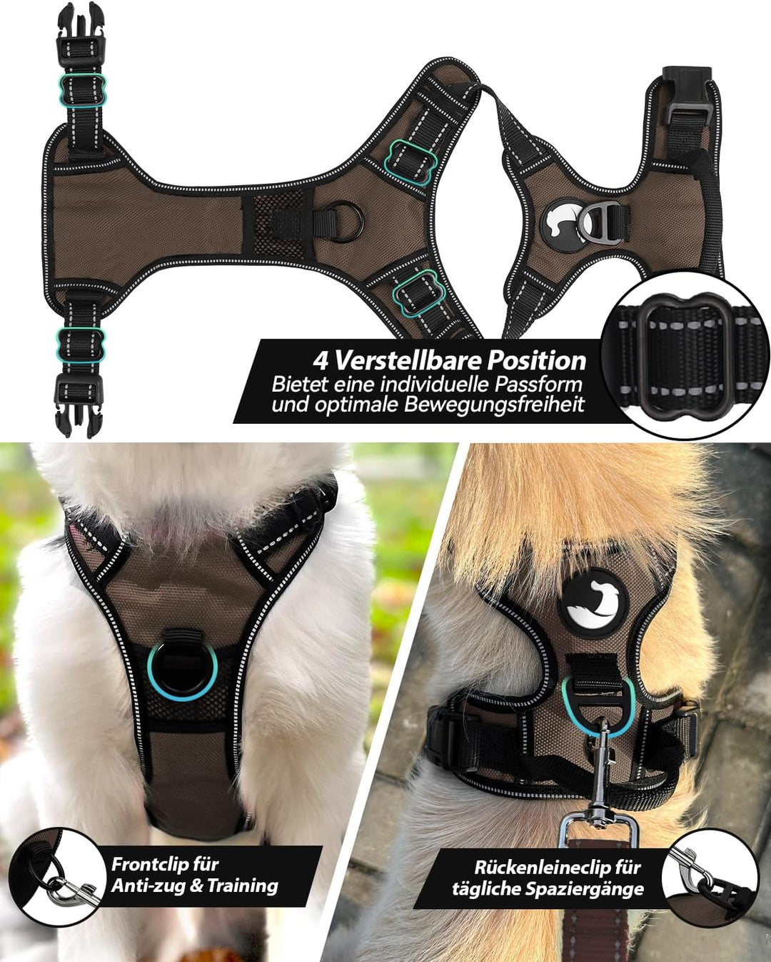 Joytale Anti-Zug Hundegeschirr für grosse Hunde, Braun, L | Perfekter Sitz, gepolstert &amp; reflektiere