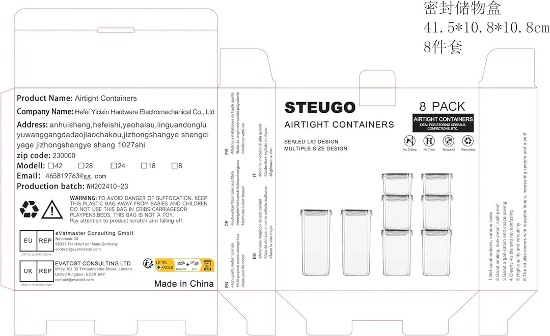 stusgo 8 Stück luftdichte Frischhaltedosen mit Deckel, BPA-frei, transparent, Vorratsbehälter für Kü