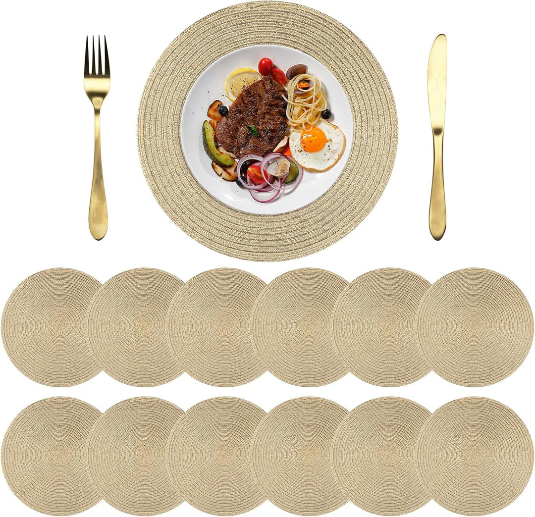 Platzsets Rund Gold Geflochten Tischsets 12er Set Hitzebeständigem Tisch Tischsets Waschbar für Küch