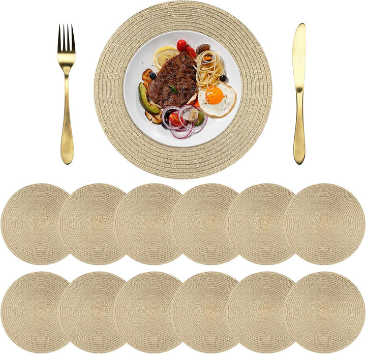 Platzsets Rund Gold Geflochten Tischsets 12er Set Hitzebeständigem Tisch Tischsets Waschbar für Küch