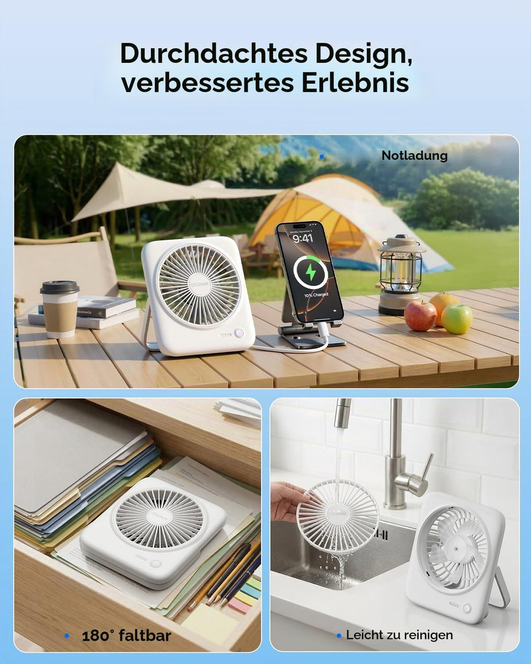 Otlonpe Tischventilator Leise, 4000mAh Akku Tisch Ventilator Tragbar, 4-Speed Tischventilatoren Klei