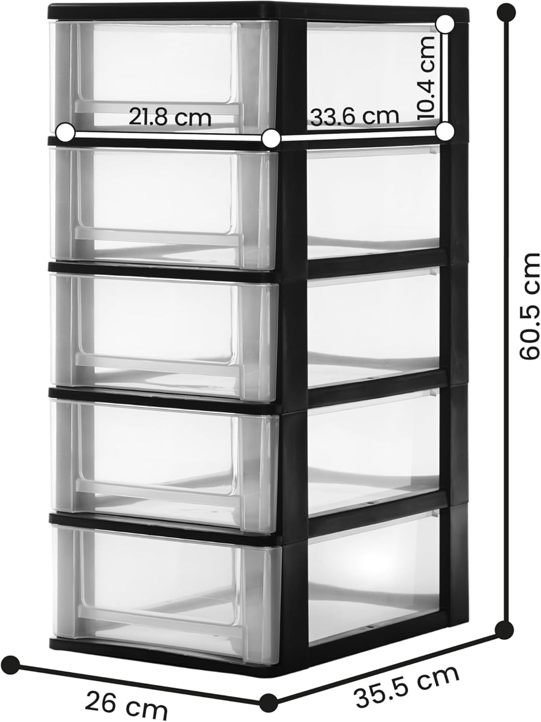 Iris Ohyama, Kunststoff Schubladenbox mit 5 flachen Schubladen, Schwarz, Easy-Pull-System, A4, A5 &