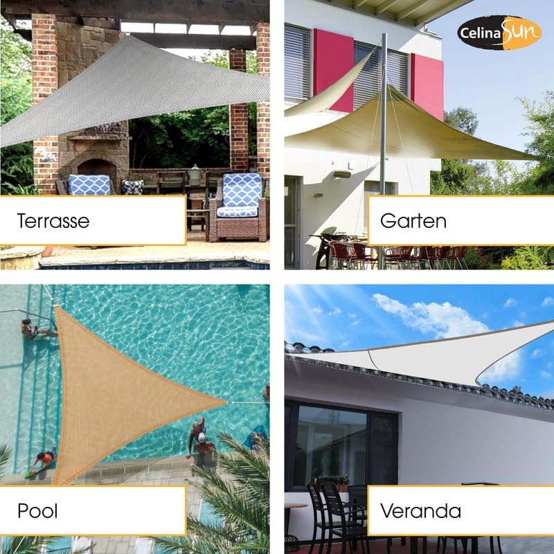 CelinaSun Sonnensegel PES Dreieck gleichseitig 3,6x3,6x3,6m Taupe UPF 50+ Premium Sonnenschutz inkl