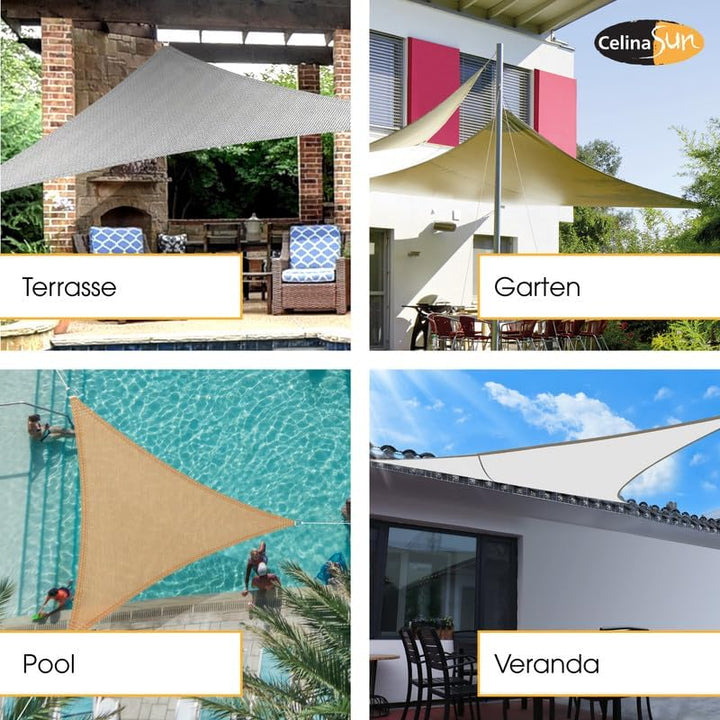 CelinaSun Sonnensegel PES Dreieck gleichseitig 3,6x3,6x3,6m Taupe UPF 50+ Premium Sonnenschutz inkl