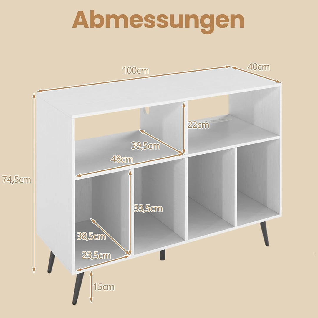 COSTWAY Plattenspielerständer mit Ladestation, Plattenspielerschank mit Vinyl-Aufbewahrungsregalen,