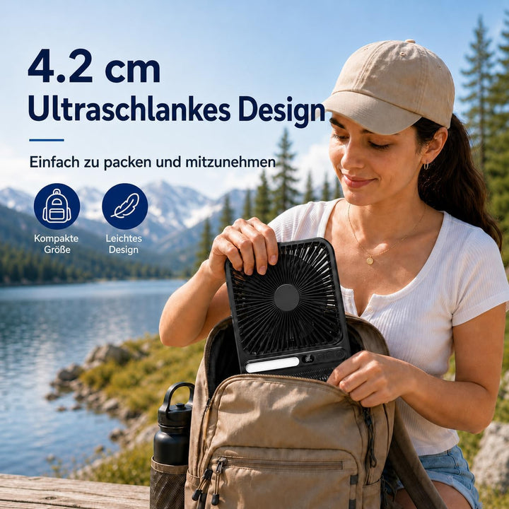 Akku Ventilator, 7 Zoll, 10000mAh, 4 Geschwindigkeiten | Ultraflach, leise und tragbar, mit Display,