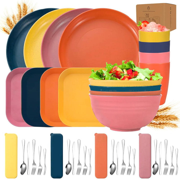 Camping Geschirr Set,Plastikgeschirr mit Edelstahl Campingbesteck,Unzerbrechliches Geschirr Set,Leic