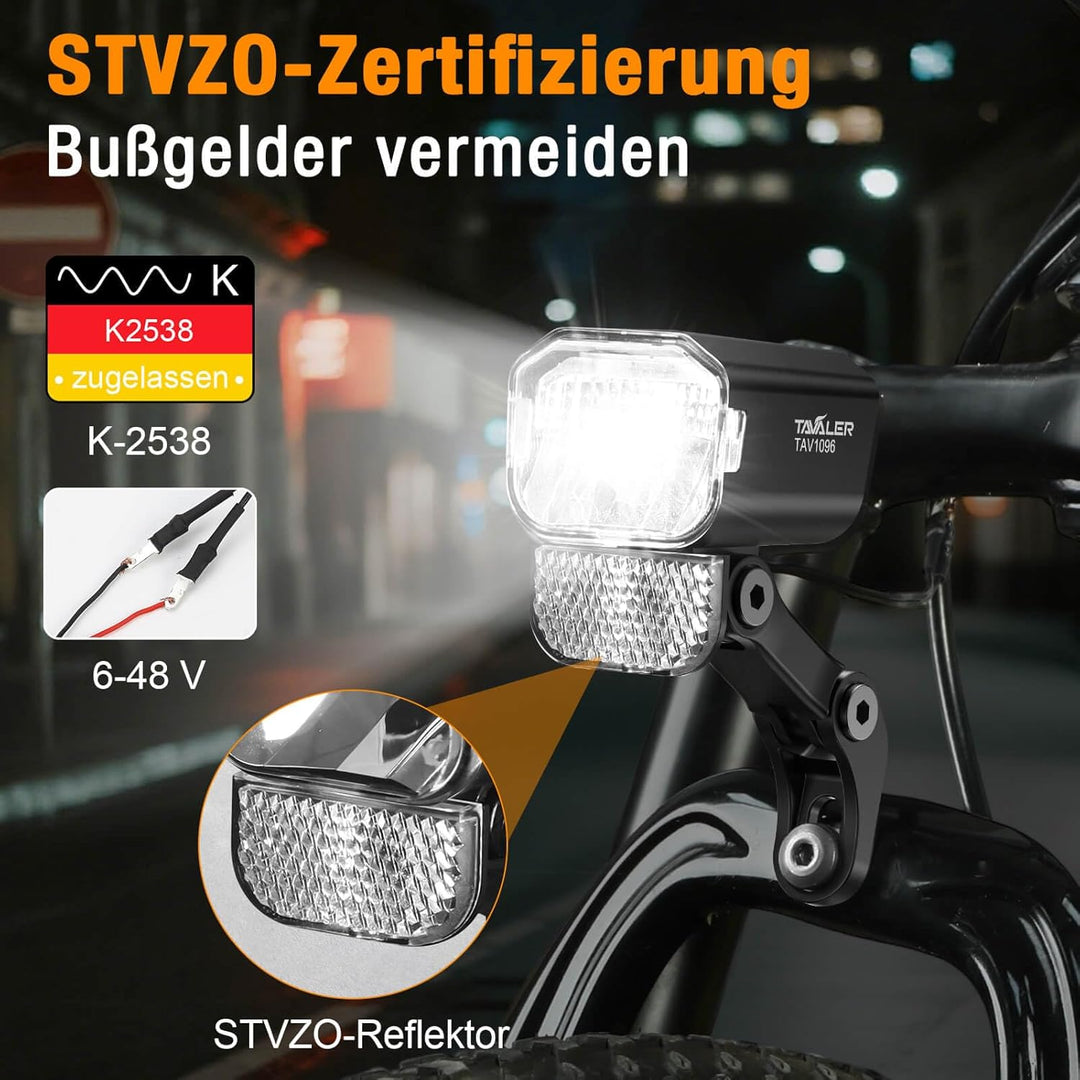 Tavaler E-Bike Licht Vorne 60 LUX | Ebike Lampe mit Reflektor und StVZO Zulassung | LED E-Bike Schei