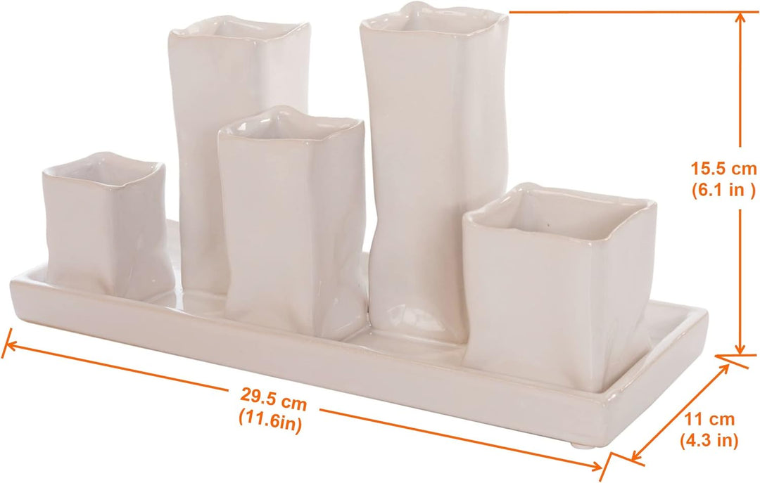 Jinfa Handgefertigte kleine Keramik Deko Blumenvasen Set aus 5 Vasen in weiss 5 Vasen Weiss, 5 Vasen