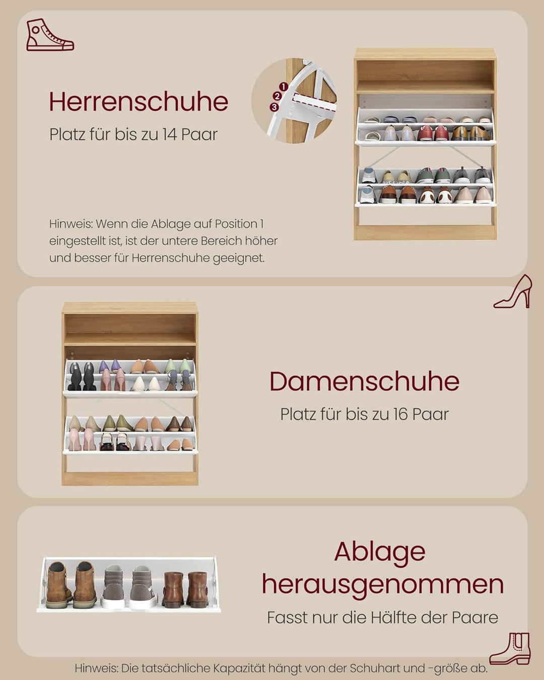 VASAGLE Custos Kollektion - Schuhschrank, Schuhkipper, Schuhaufbewahrung, offenes Fach, Trennwand ve