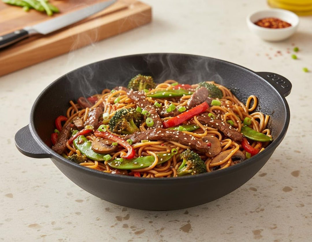 BIG-PAN Wokpfanne Gusseisen 28 cm, 3,7 L für alle Herdarten inkl. Induktion Asia Wok Bratpfanne Schm