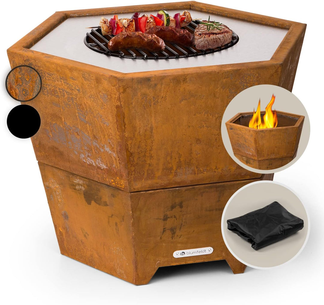 Blumfeldt Feuerschale mit Grillrost, Outdoor Stahl-Feuerschale Gross für Balkon & Camping, Mobile Fe
