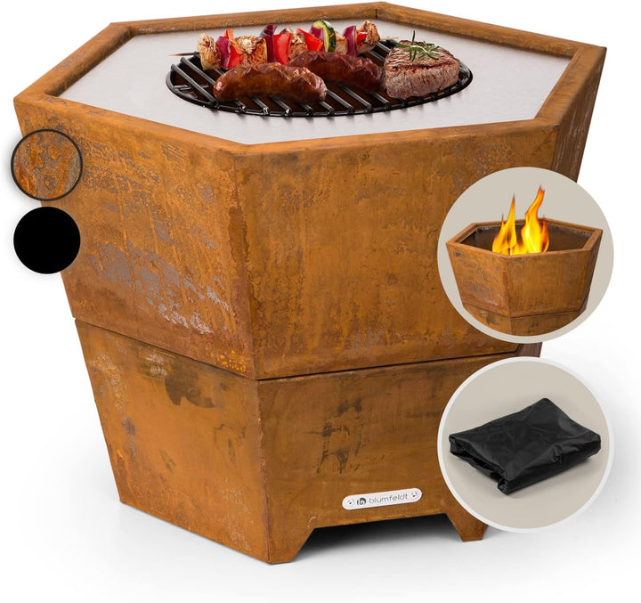 Blumfeldt Feuerschale mit Grillrost, Outdoor Stahl-Feuerschale Gross für Balkon & Camping, Mobile Fe