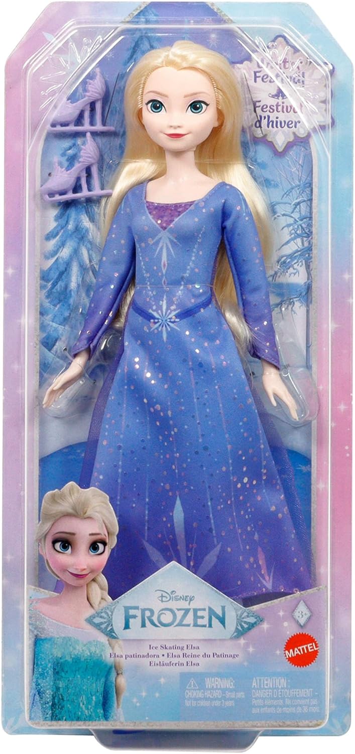 Mattel Disney Die Eiskönigin: Winterfest - Elsa Modepuppe mit Zubehör, Eisläuferin-Look mit abnehmba